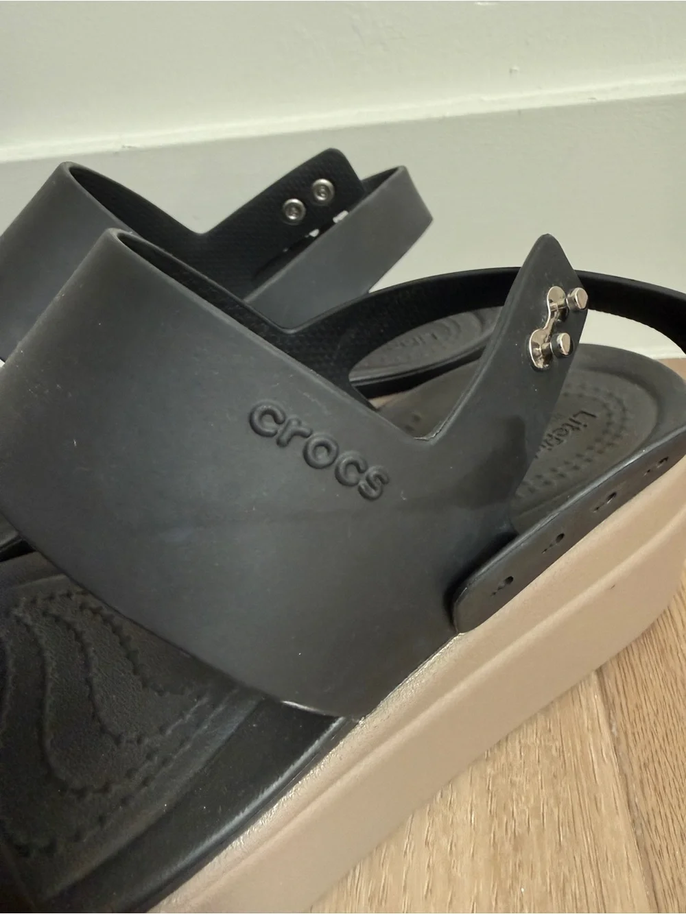 CROCS Black Upper with Tan Platform Women's Platform Slingbacks